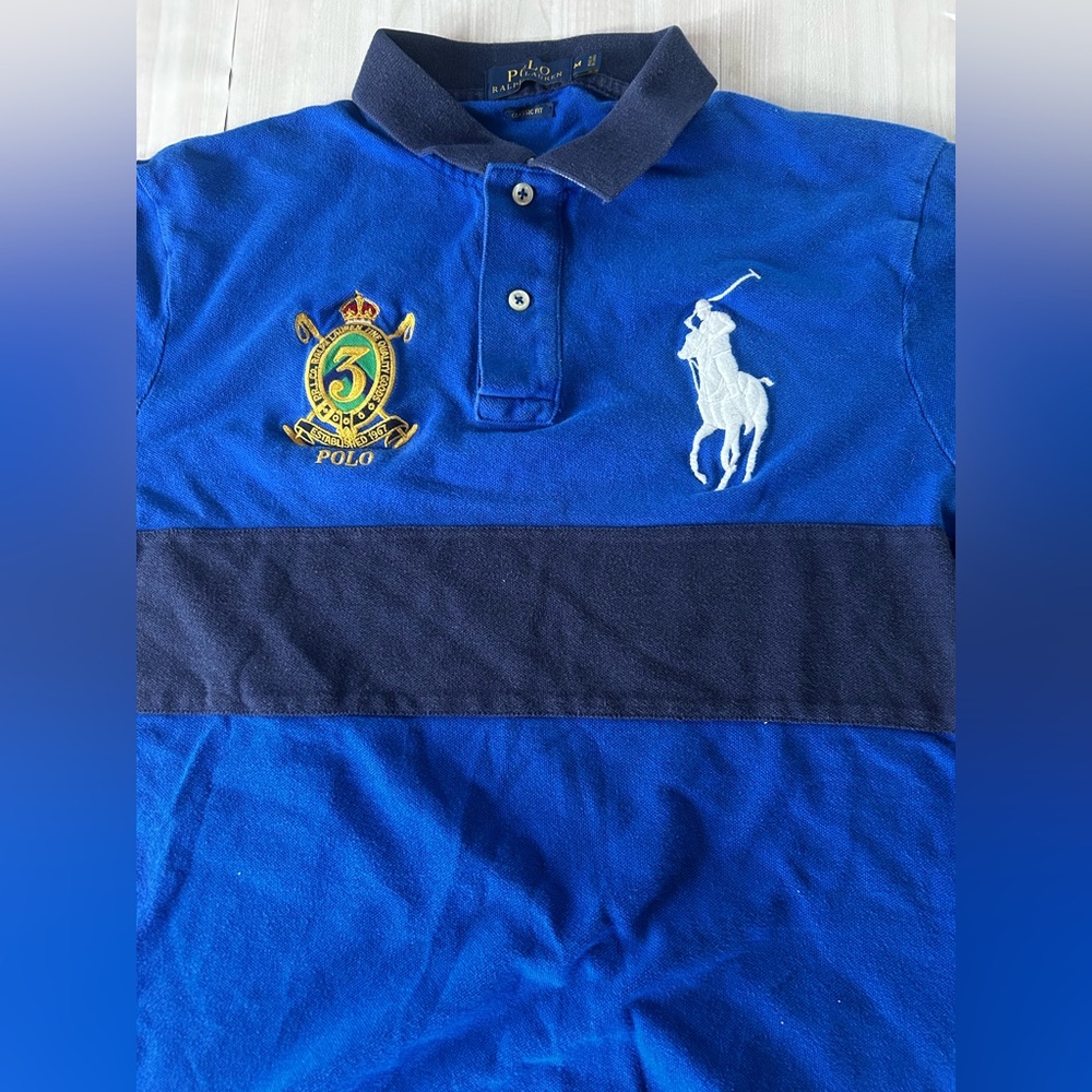 Polo Ralph Lauren Men's Slim Fit Crown Crest 3 Big Pony Medium Blue Shirt Stripe - Picture 2 of 6